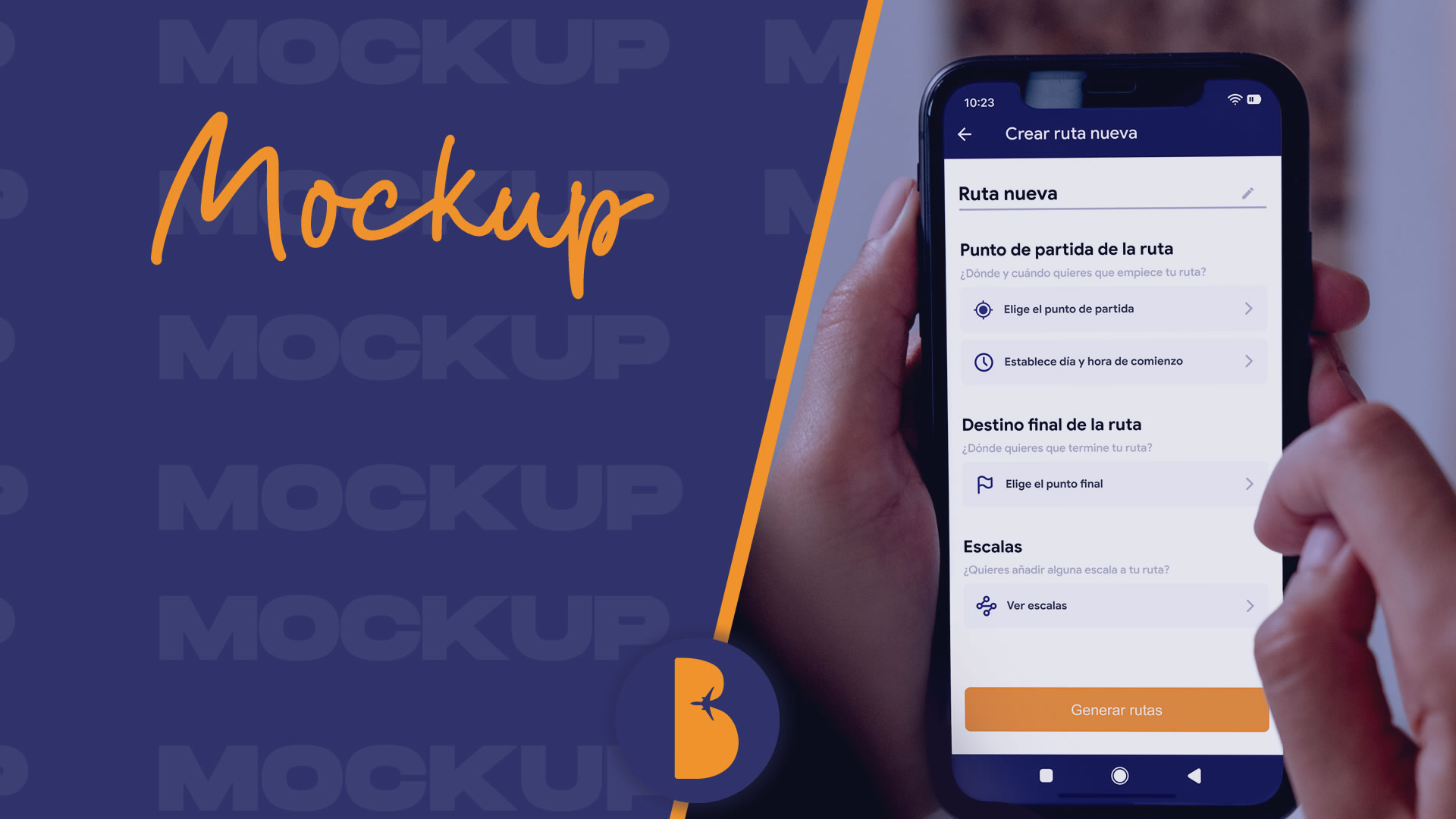 Mockups de la aplicación. En la fotografía se ve una mano sosteniendo un teléfono móvil en primer plano. La otra mano está interactuando con la interfaz, que muestra la pantalla de 'Crear ruta nueva'.