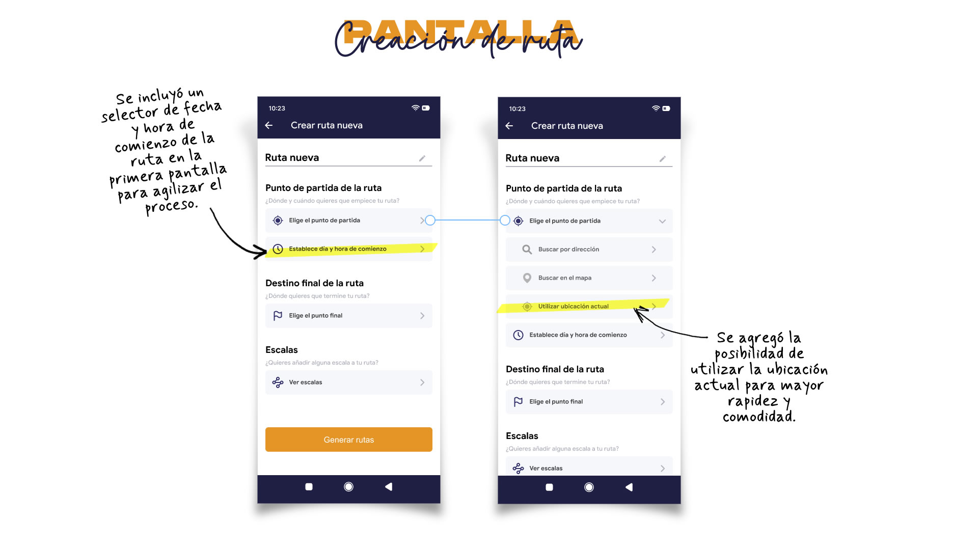 Prototipo de alta fidelidad de móvil, pantalla 'Creación de ruta'. Se muestran las interfaces con las modificaciones incorporadas.