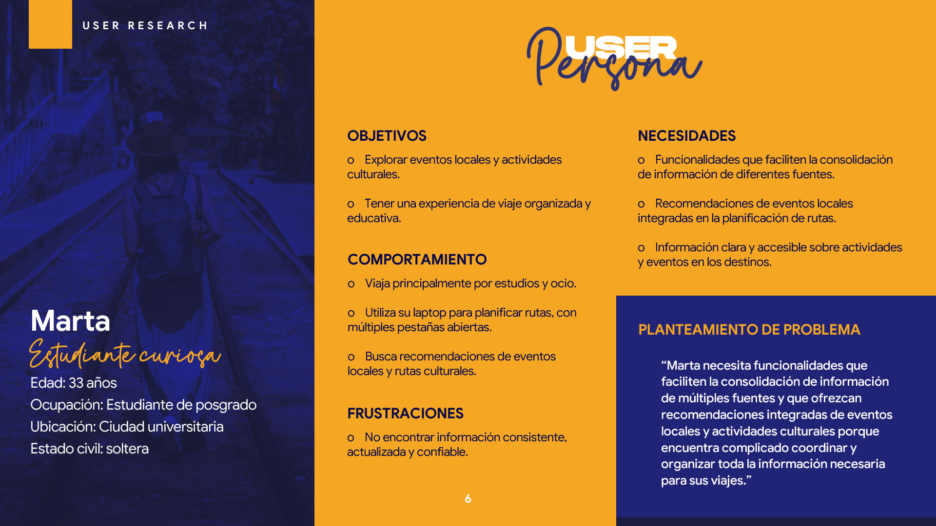 Ficha de usuario tipo 'User Persona' con información de Marta, una estudiante de posgrado de 33 años que viaja por estudios y ocio. Se detallan sus objetivos, comportamientos, necesidades, frustraciones y un planteamiento del problema que enfatiza la necesidad de consolidar información cultural y recomendaciones locales para planificar sus viajes de forma eficiente.